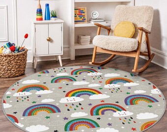 Rainbow Clouds Round Kids Rug, Colorful Play Mat, Soft Nursery Carpet, Rainbow Patterned Round Rug for Children's Room