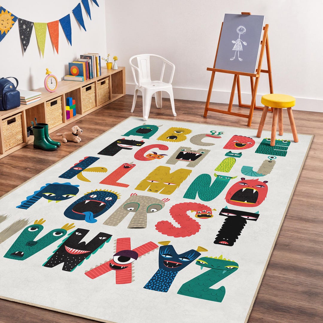Monster Ink Rug Colorful Monster Alphabet Rug, Fun Kids Room Carpet, Playful Nursery ...
