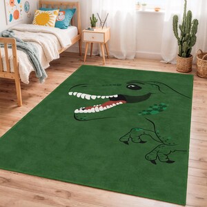 Dinosaur Playroom Rug, Green T-Rex Kids Carpet, Rectangular Childrens Rug, Fun Dino Design Area Rug, Cute Nursery Carpet Gift