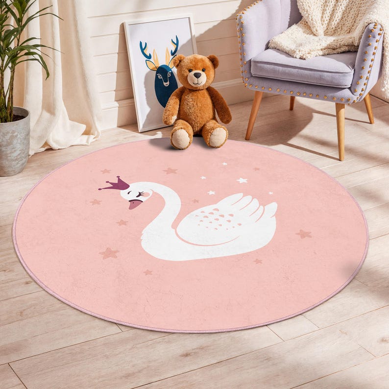 Princess Swan Round Rug, Cute Pink Nursery Mat, Soft Kids Room Carpet ...
