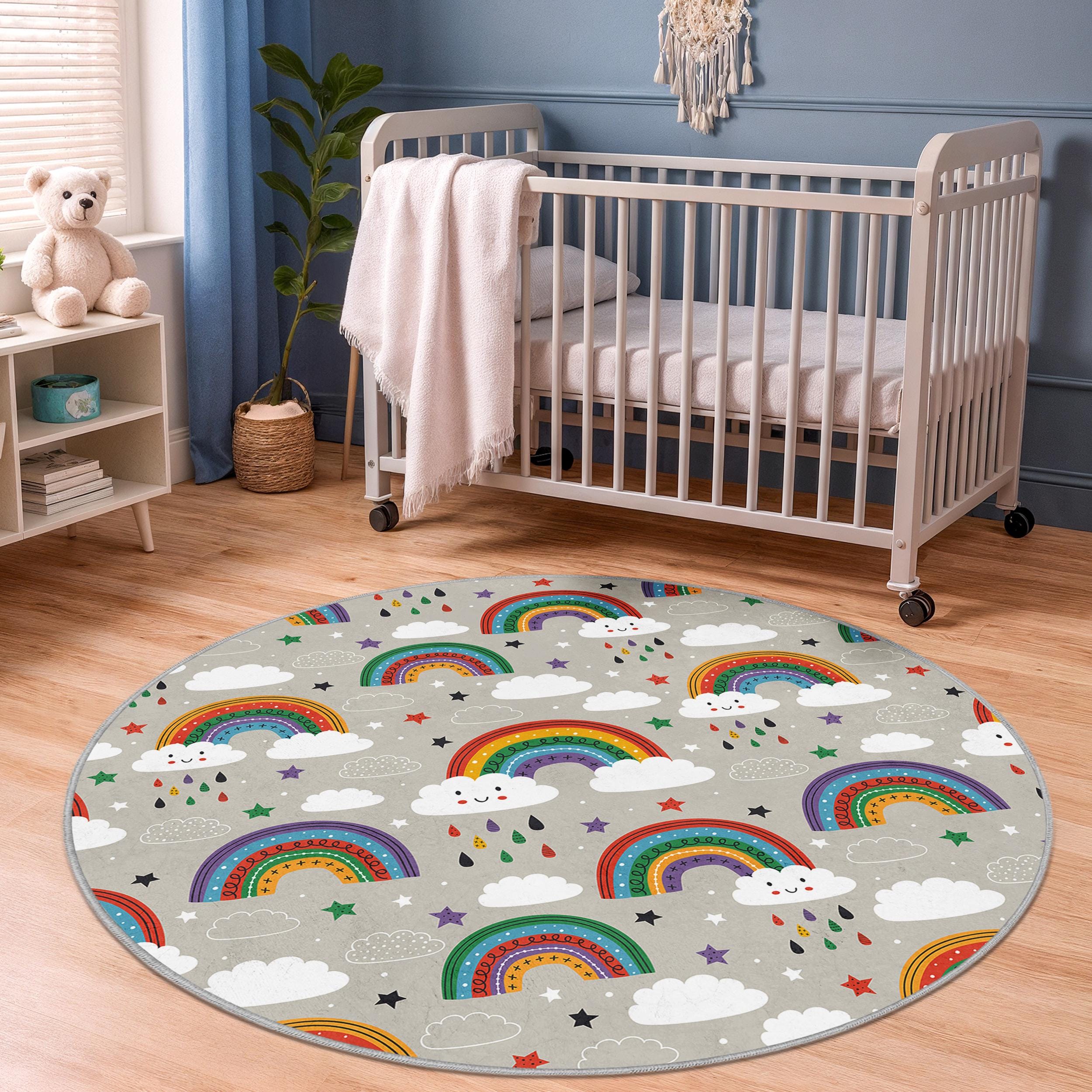 Round Children Rug Rainbow Clouds Round Kids Rug, Colorful Play Mat, Soft Nursery Carpet ...