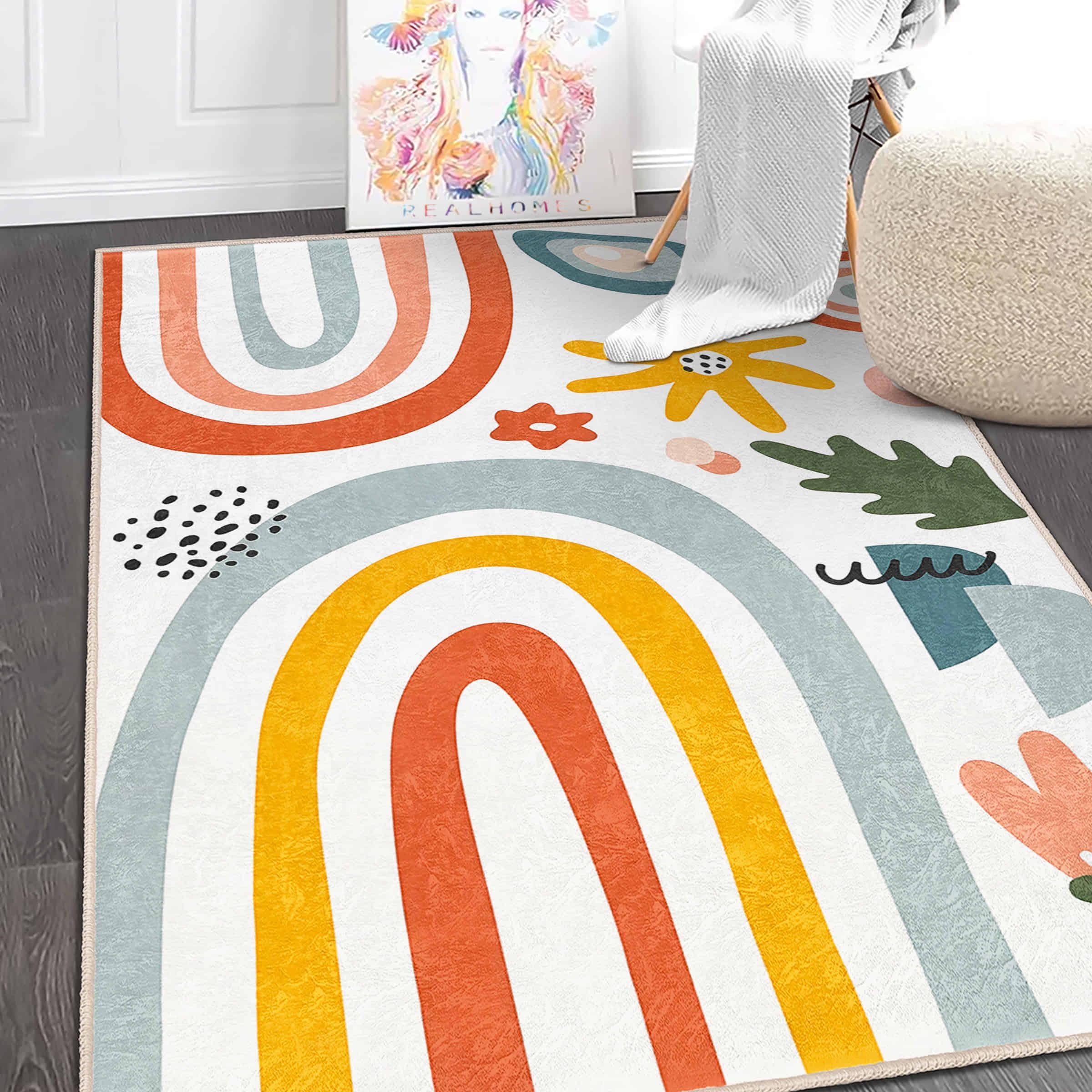 Colorful Rainbow Patterned Kids Room Rug, Bright Rectangular Playroom ...