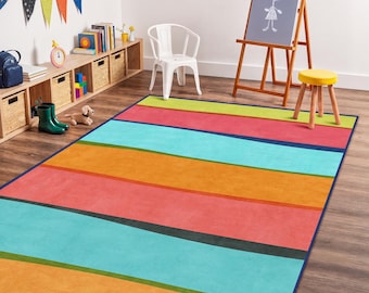Alfombra de rayas onduladas de colores, alfombra luminosa para sala de juegos, alfombra rectangular para habitación infantil, decoración vibrante para niños, alfombra suave para guardería