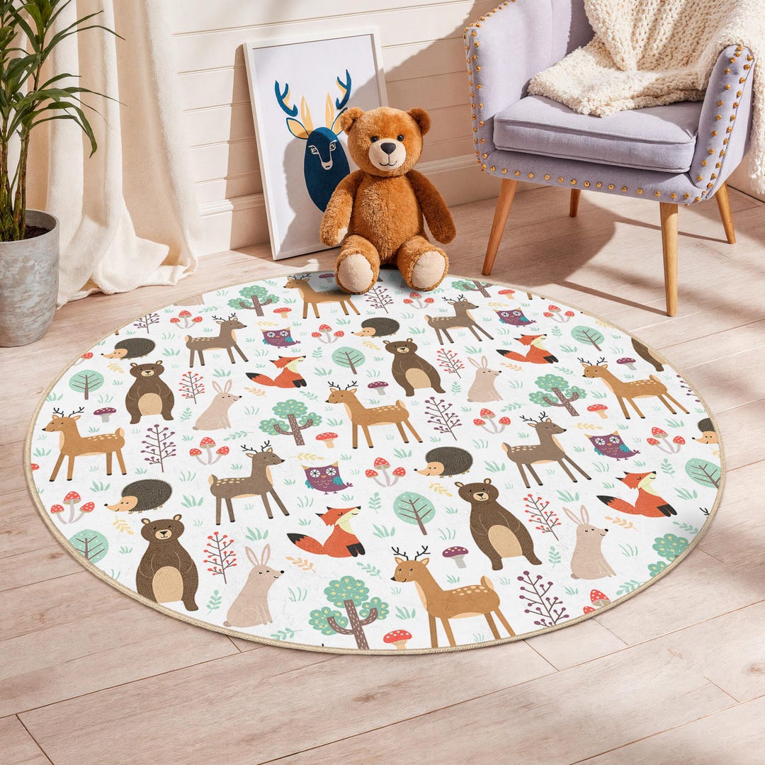 Round Children Rug Forest Animals Round Kids Rug, Cute Woodland Pattern Carpet, Bear and ...