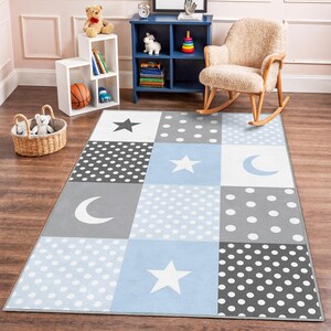 Star and Moon Nursery Rug: Grey & Blue Kids Playroom Carpet