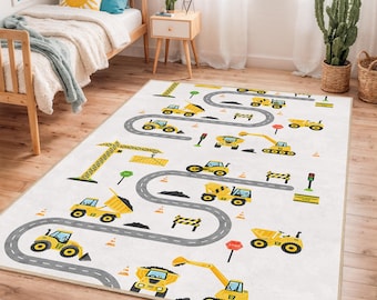 Construction Zone Kids Rug, Playroom Carpet with Trucks and Roads, Rectangular Yellow Construction Theme Rug, Fun Nursery Decor