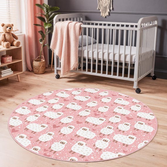 Play Rug Pastel Rug For Nursery Cute Sheep Round Rug, Pastel Pink