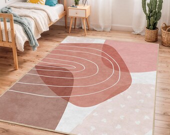 Abstract Pastel Rectangle Rug, Soft Pink Kids Room Carpet, Modern Nursery Decor, Boho Playroom Area Rug, Stylish Children's Rug
