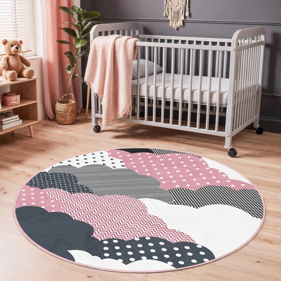 Cloudy Dream Round Rug, Pink and Gray Kids Room Carpet, Soft Play