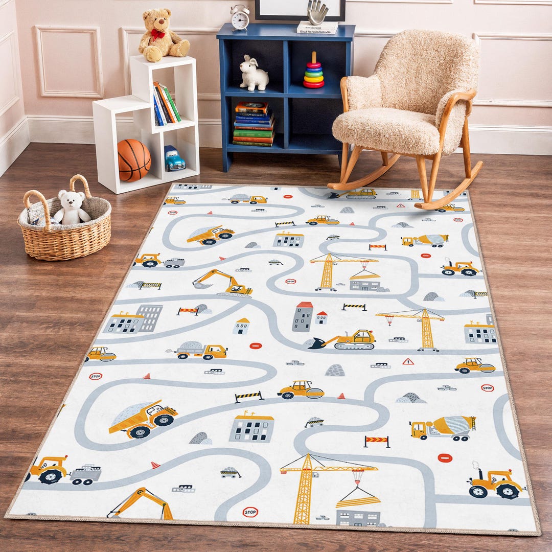 Construction Zone Rug, Playful Kids Rectangle Carpet, Yellow ...
