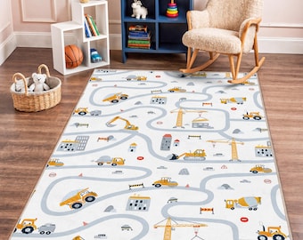 Construction Zone Rug, Playful Kids Rectangle Carpet, Yellow Construction Vehicles Area Rug, Fun Toddler Room Decor, Kids Playroom Gift