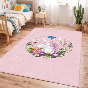 Magical Unicorn Floral Rug, Pink Rectangular Area Rug, Kids Room Decor, Enchanted Unicorn Carpet, Whimsical Playroom Rug, Gift for Children