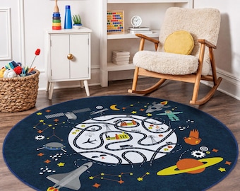 Alfombra infantil de aventura espacial, redonda, con estampado de galaxias, educativa y temática espacial.