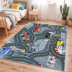 Racing Cars Playroom Rug: Interactive Road Design, Non-Slip Kids Carpet