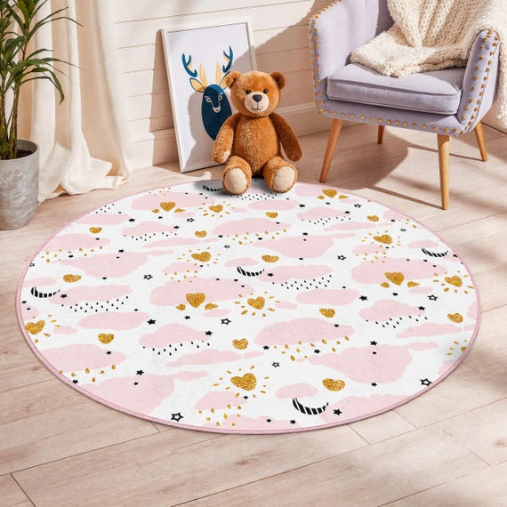 Cloudy Hearts Kids Round Rug, Soft Pink Nursery Mat, Cute Cloud