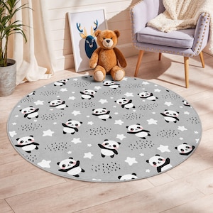 Cute Panda Rug, Round Playroom Mat, Soft Kids Carpet, Adorable Panda Pattern for Nursery, Baby Room Decor, Fun Animal Theme Kids Rug