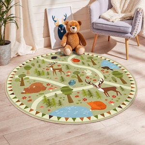 Waldabenteuer Kinderteppich, runde Tierspielmatte, weicher Kinderteppich, Naturbezogenes Kinderzimmerdekor, interaktiver Spielbereich