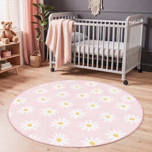Daisy Kids Rug : tapis de jeu floral doux pour chambre d&#39;enfant, tapis rond rose