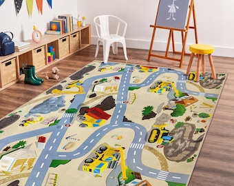 Construction Site Kids Rug, Playful Road Pattern Carpet, Yellow and Blue Rectangle Area Rug, Perfect for Boys Room Decor