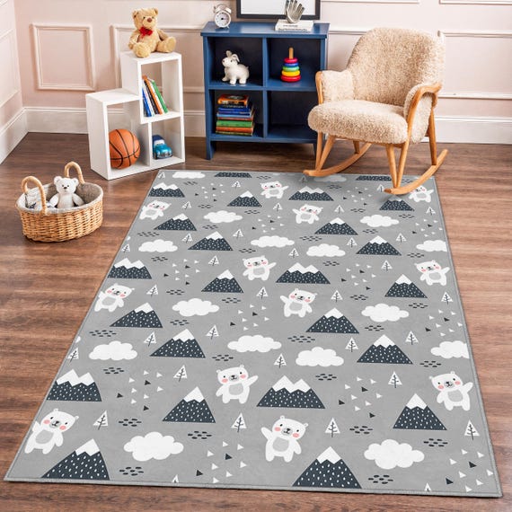 Cute Bear Mountain Pattern Rug, Gray Rectangle Kids Carpet, Fun