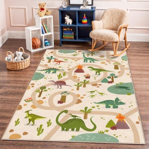 Dinosaur Adventure Area Rug, Kids Room Carpet with Interactive Play Mat, Cute Dinosaur Pattern, Colorful Rectangular Rug for Toddlers