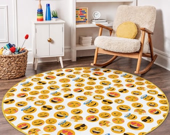Happy Emoji Round Kids Rug, Fun Play Mat for Children, Colorful Smiley Face Carpet, Nursery Decor, Soft Round Emoji Theme Area Rug
