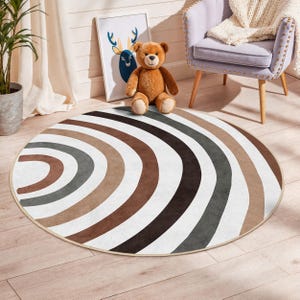 Geometric Round Kids Rug, Soft Circle Carpet, Neutral Color Playroom Mat, Modern Design Round Rug for Nursery, Kids Room Decor