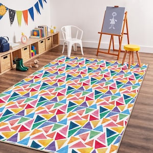 Colorful Geometric Triangle Kids Rug: Playroom Carpet