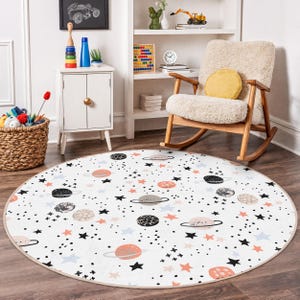 Cosmic Adventure Kids Rug, Round Space Play Mat, Soft Planet Patterned Kids Carpet, Nursery Decor, Educational Star Theme Room Rug