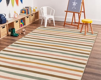 Alfombra rectangular moderna a rayas, tonos tierra, estilo bohemio, para habitación infantil, colorida y decorativa.