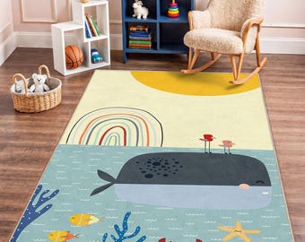 Skurriler Wal-Teppich, Bunter Unterwasserszenen-Teppich, Kinderzimmer-Dekor, Lustiger Meeresleben-Teppich, Nautisches Kinderzimmer-Geschenk
