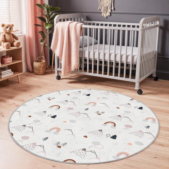 Mountain Rainbow Kids Rug, Round Play Mat, Soft Nursery Rug, Cloud