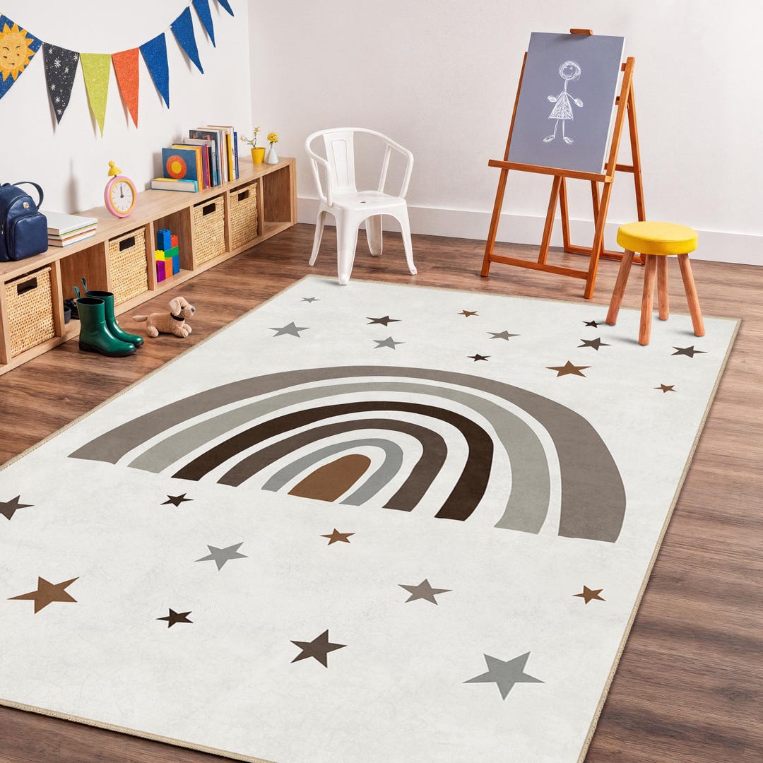 Kids Rug Neutral Boho Rainbow Area Rug, Neutral Kids Room Carpet, Children’s Playroom ...