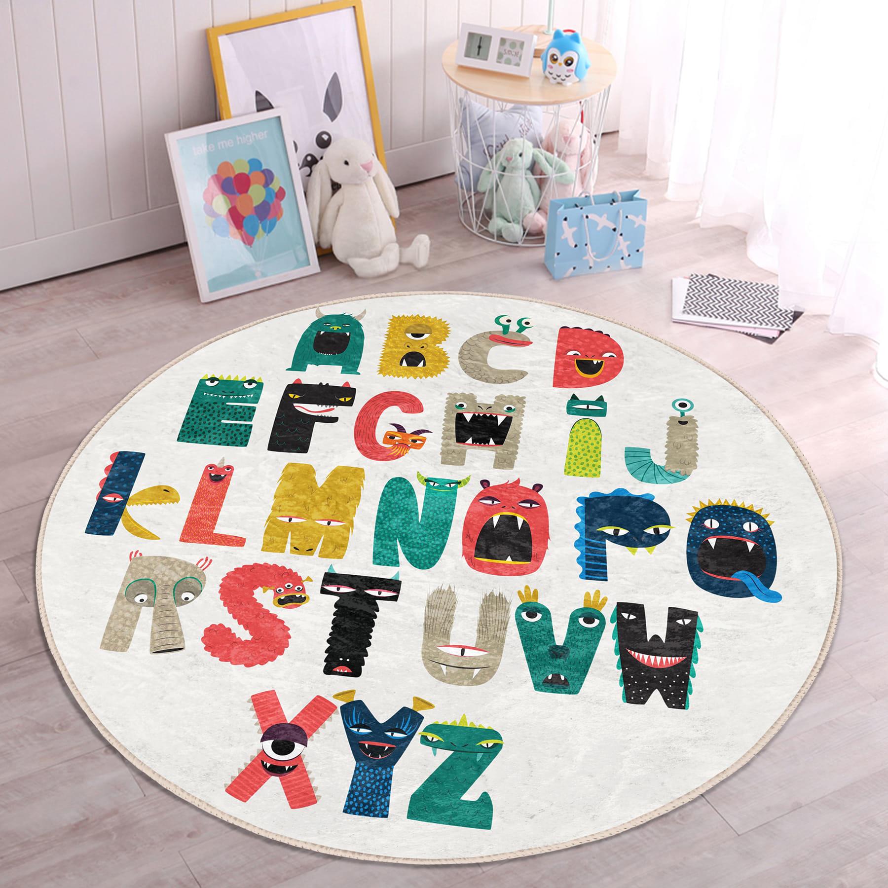 Monster Ink Rug Monster Alphabet Round Kids Rug, Colorful Playroom Carpet, Educational ...