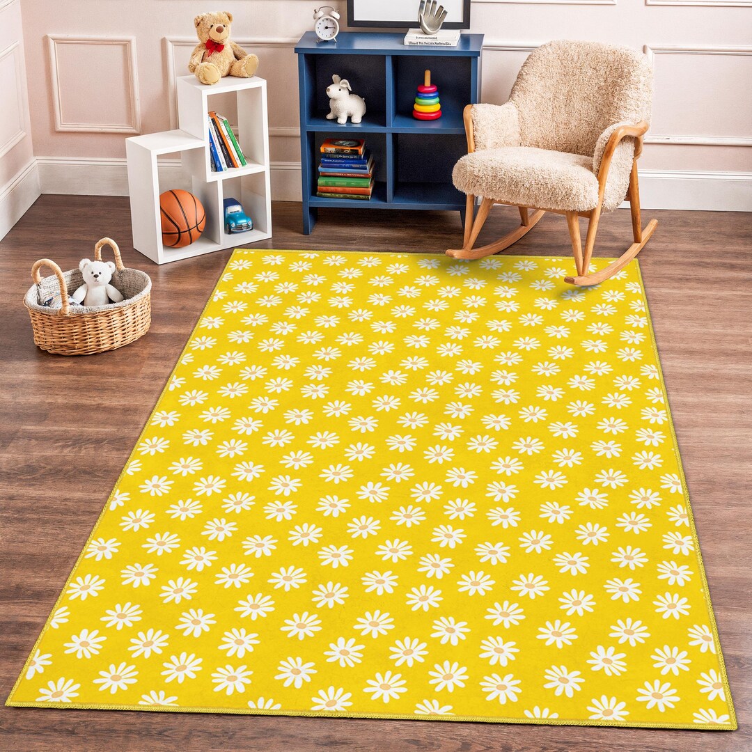 Bright Yellow Rug Daisy Patterned Kids Room Rug, Bright Yellow Rectangle Carpet, Floral ...