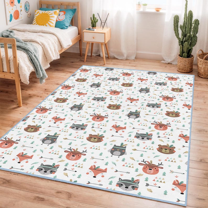 Child Rug Patterns Cute Woodland Animals Pattern Rug, Rectangular Kids Room Carpet ...
