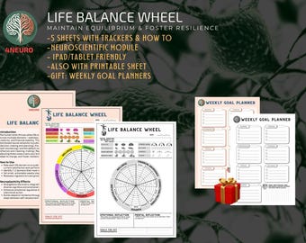 May include: A collection of printable sheets and trackers for life balance, including a neuroscientific module and weekly goal planners. The design features a tree logo and the text "Life Balance Wheel."