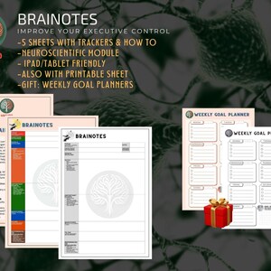 Pode incluir: Um conjunto de Brainotes, incluindo folhas com rastreadores e planejadores semanais. O design apresenta um logotipo de árvore e o texto "Brainotes" em uma fonte moderna. Uma pequena caixa de presente vermelha com um laço dourado também está incluída.