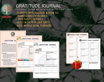 May include: A collection of gratitude journals and weekly goal planners. The journals have a light pink background with the words "GRATITUDE JOURNAL" and "4NEURO" printed on them. The weekly goal planners are light pink and white. A small red gift box with a gold bow is also present.
