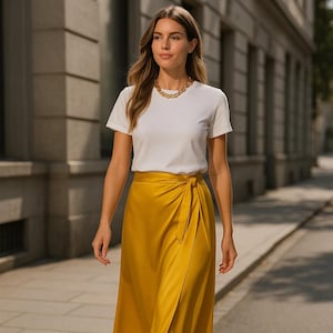 Gold Satin Wrap Midi Skirt: Adjustable Elegant A-Line