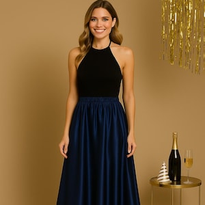 Navy Blue Satin Midi Skirt Bridesmaid Custom Length Skirt Women Semi Formal Skirt With Pockets Midi Skirt Elastic Waist Casual Satin Skirt