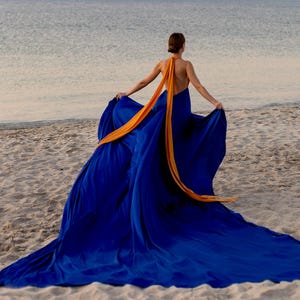 Satin Flying Dress: Custom Long Train Gown for Photoshoots
