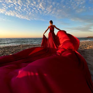 Long Flying Dress For Photoshoot Halter Long Flying Dress Red Dress With Train Flowy Dress For Photoshoot Flowing Beach Dress Fly Away Dress