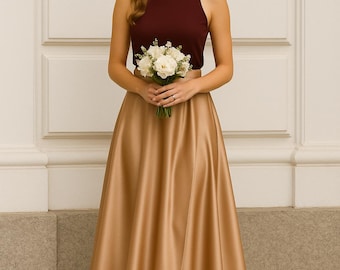 Custom Satin Flared Midi Skirt: Elegant A-Line Skirt with Pockets