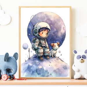 Arte de pared espacial para habitación de bebé – Juego de 3 láminas: Cohete, astronauta con perro y gato – Decoración digital espacial para habitación de bebé – Descarga instantánea