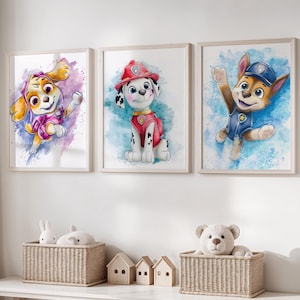 Set di stampe da parete Paw Patrol in acquerello - Chase, Marshall e Skye - Decorazioni per la cameretta dei bambini - Stampabile con cartoni animati