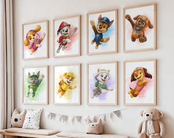 Set of 8 Rescue Dogs Wall Art – Watercolor Puppy Nursery Prints, Digital Download Baby Room Decor, Toddler, Kids Wall Art Printables