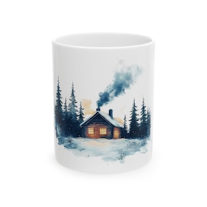 Cozy Cabin Ceramic Mug - Rustic Coffee Cup for Winter, Gift for Nature Lovers, Holiday Decor, Ceramic Mug, 11oz, 15oz