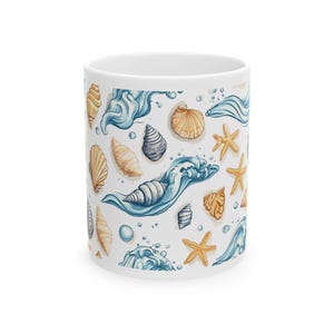 Beach Vibes Ceramic Mug, Coastal Shells and Waves, Ocean Decor, Gift for Sea Lovers, Summer Drinkware, Beach House Accessory