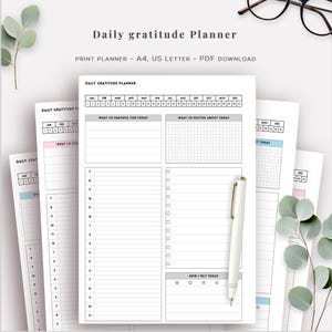 Täglicher Dankbarkeitsplaner, druckbares PDF „Verfolgen Sie Ihre Stimmung und Positivität“, A4 und US Letter (Pink, Blau, Grau), undatierter Planereinsatz